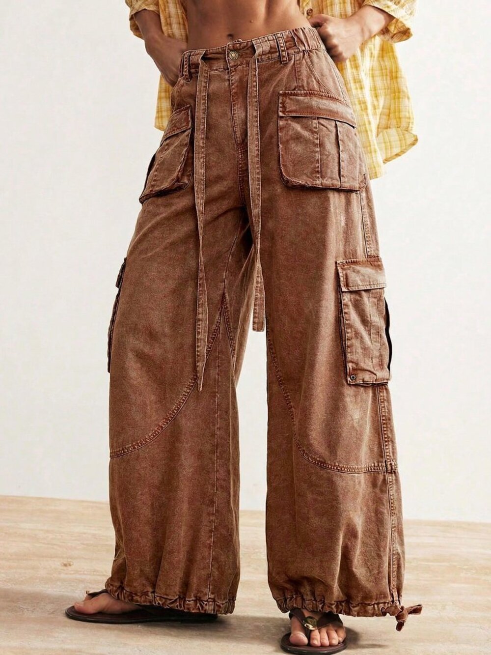 Brown Casual Women's Woven Loose Drawstring Waist Low-Rise Wide Leg Pants - Picture 8 of 10